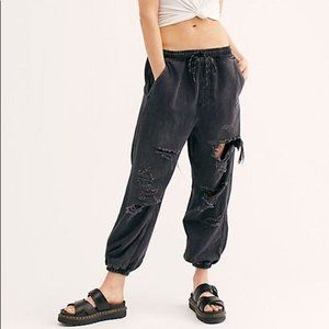 Free People Black Destructed Joggers - SMALL